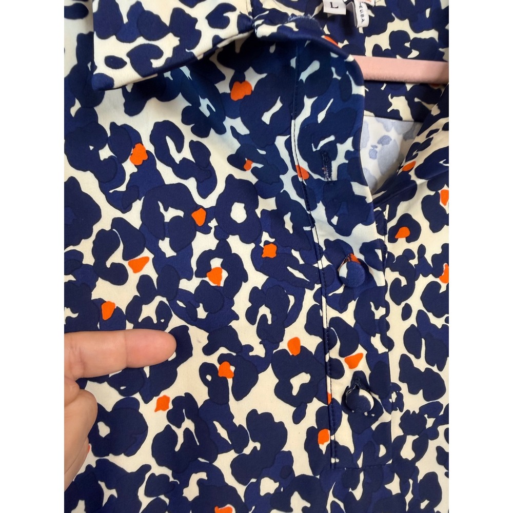 Jude Connally Womens Large Navy Blue Orange Abstract Print Long Sleeve Polo Top - Picture 3 of 6